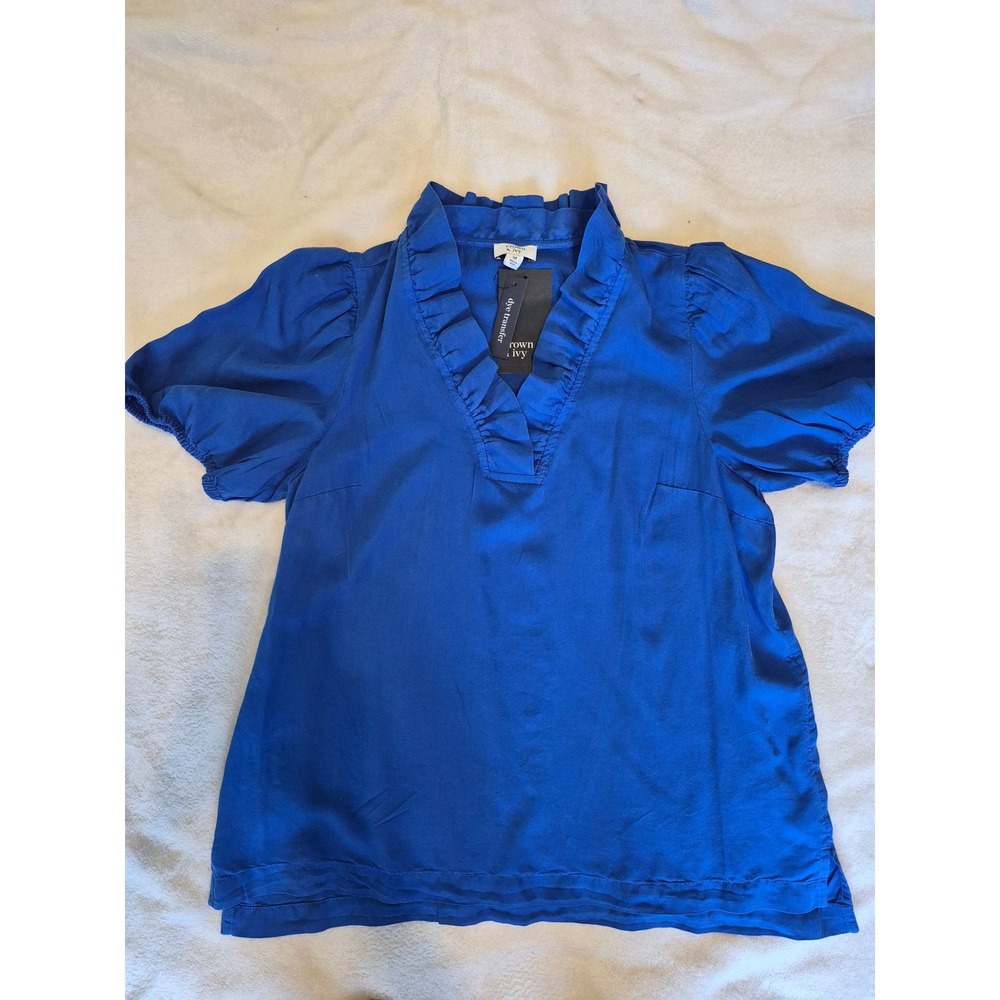 Crown & Ivy Womens Royal Blue Ruffle V-Neck Puffed Short Sleeve Blouse M NWT
